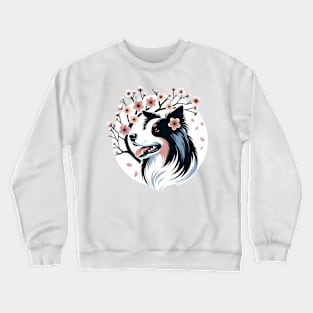 Border Collie Revels in Spring's Cherry Blossoms Glow Crewneck Sweatshirt